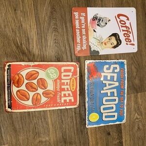 Vintage Style Coffee and Seafood Metal Signs